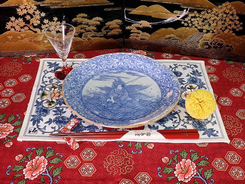 伊万里　染付　型刷印判　浦島太郎の図　６寸皿　S317 AS-fbpp