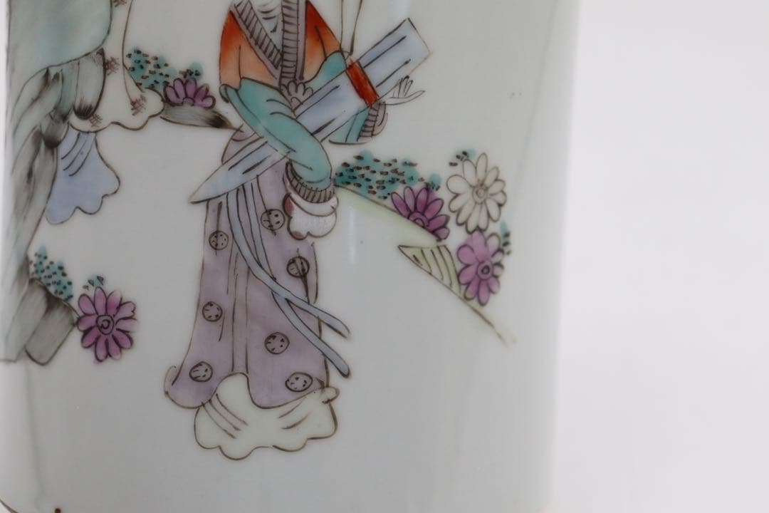 岐No28 中国　清時代　粉彩美女図筆筒　帽筒① 同治年製　送料込み0503