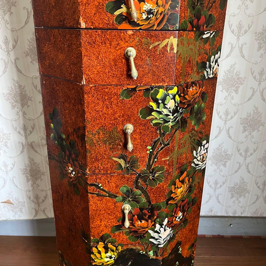 【アンティーク】中国家具 宝石棚 花鳥画 箪笥 チェスト 8杯 飾り棚 古家具