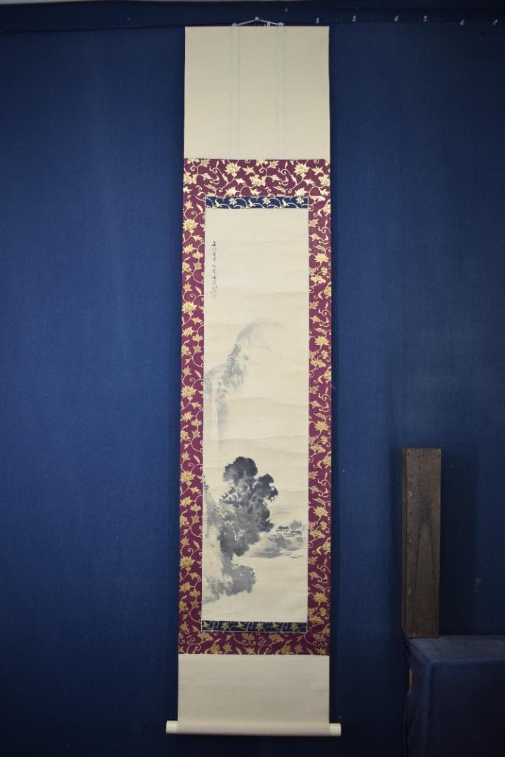 【真作】谷文晁/滝山水図/滝湖村図/掛軸☆宝船☆Z-163