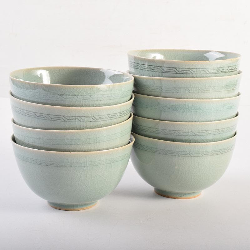 茶道具　石山窯　梁金錫作　高麗青磁　茶碗　九客　共箱　M　R8811B