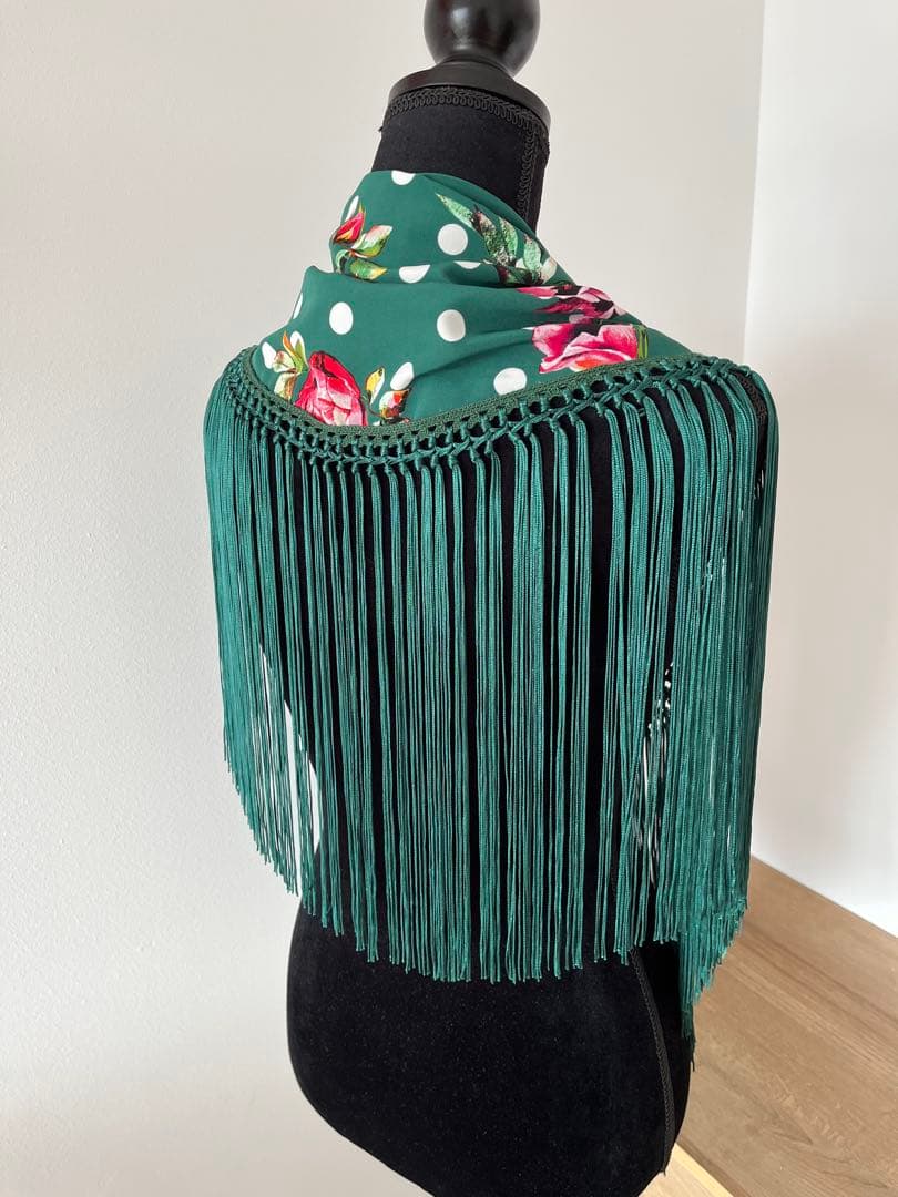 フラメンコ　マントンシージョ　グリーンx花柄水玉　グリーンフレコ