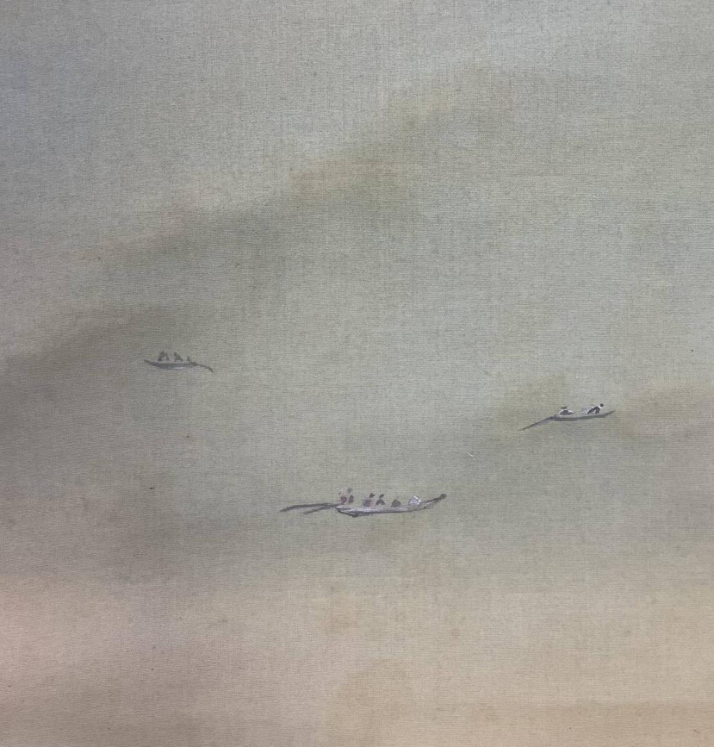 真作/魚水/もやい舟/人物/舟/布袋屋掛軸A-256