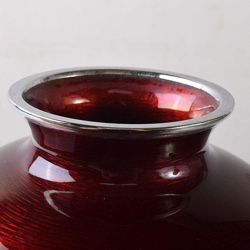 七宝焼　安藤七宝店造　赤透　薔薇文　花瓶　共箱　7891C