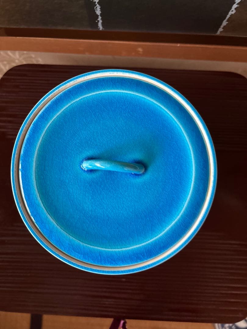 末広水指』塗替蓋付』　 中村翠嵐の「翠嵐窯」 『浅黄交趾』の青色の陶器