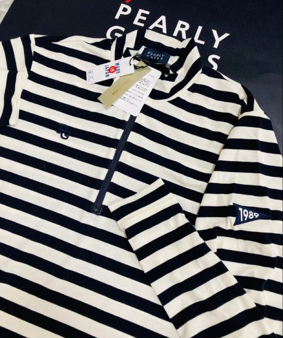 新品 パーリーゲイツ ボーダー プレミアムウォーム 長袖シャツ(5)サイズL/白