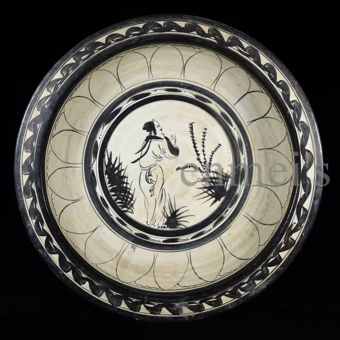 中国古美術・磁州窯風 人物紋 大型陶器鉢（折沿盆）・純手描き・陶器・茶道具・墨彩