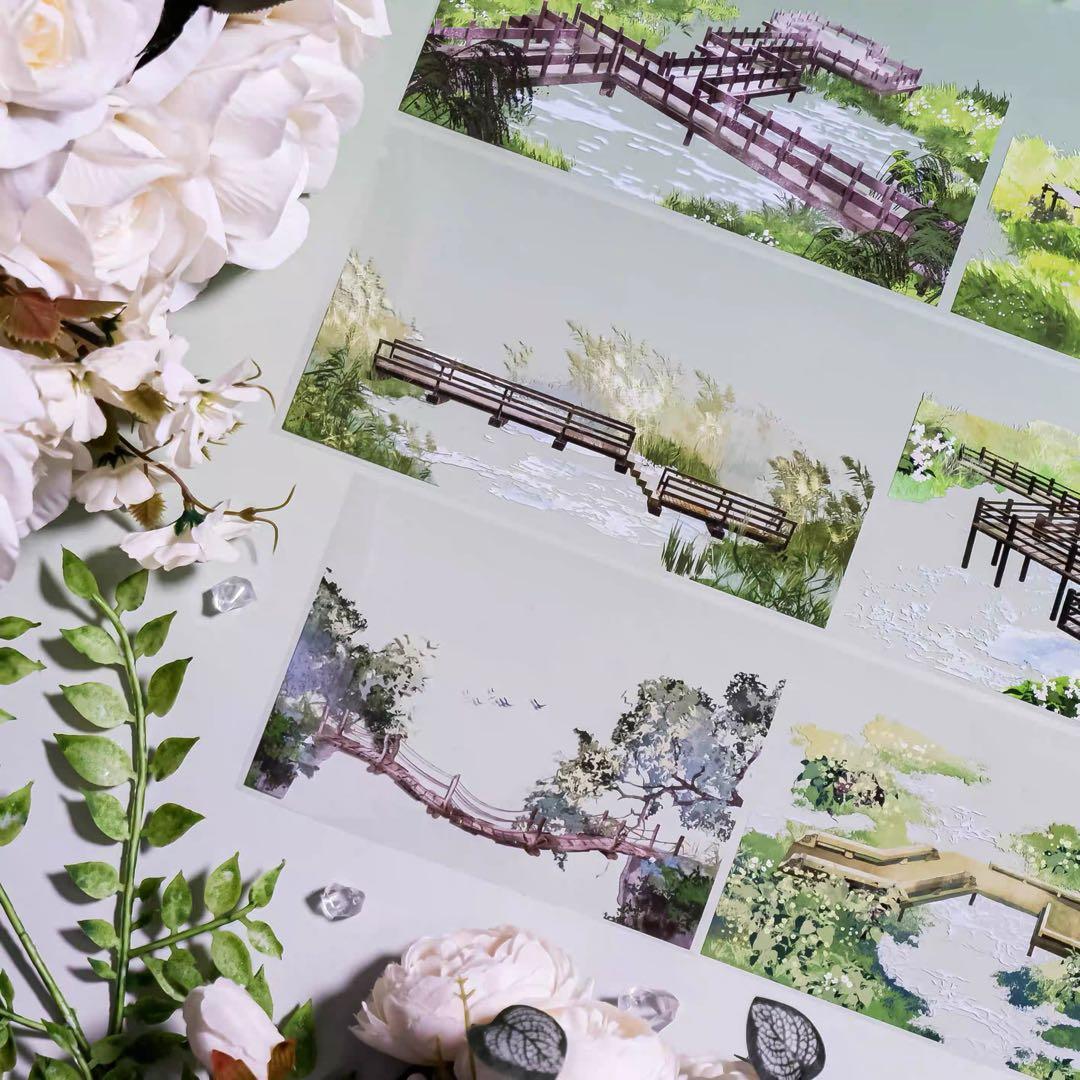 【8881】海外　マステ　5m巻　PETマスキングテープ　橋　池　春景色背景系