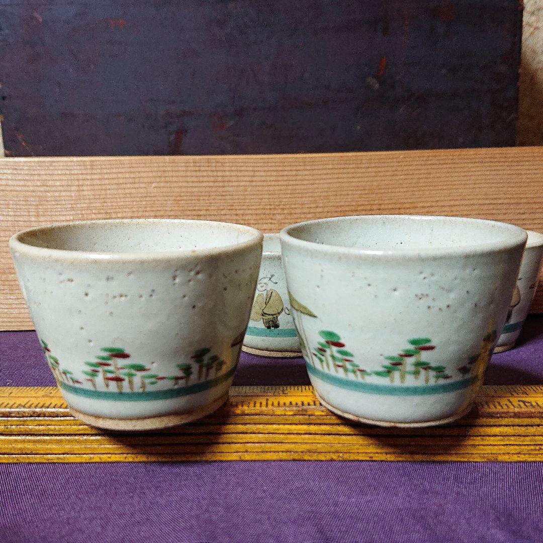 赤ハダ焼    色絵「因果経の図」 猪口 ５客    奈良絵   幕末～明治時代