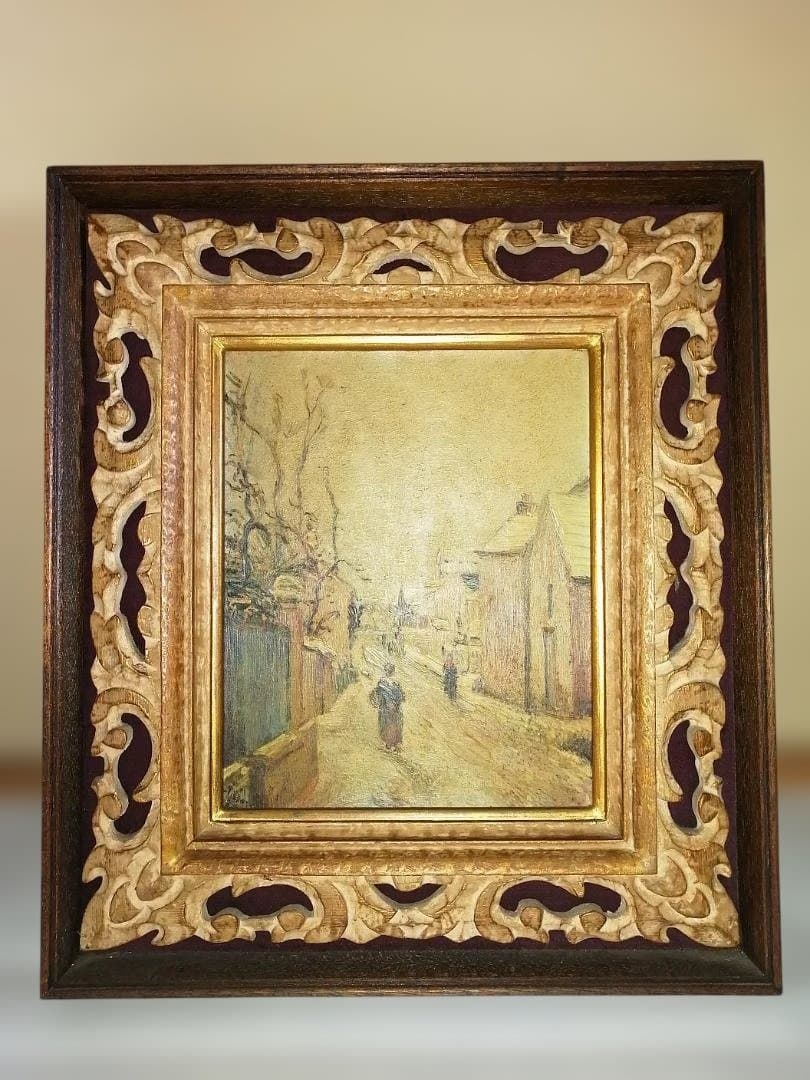 複製画「カミーユ・ピサロ　冬景色」　ヴィンテージ重厚な額付き