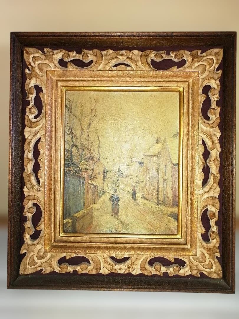 複製画「カミーユ・ピサロ　冬景色」　ヴィンテージ重厚な額付き