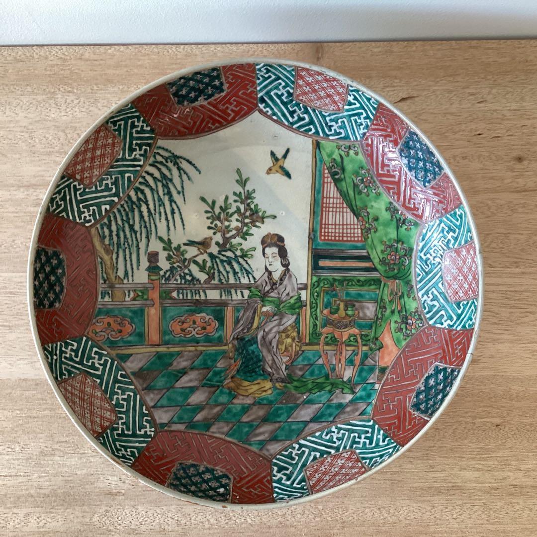 35㎝　貴婦人図　色絵大皿　飾り絵皿　時代物　当時物　有田焼　九谷焼　中国美術