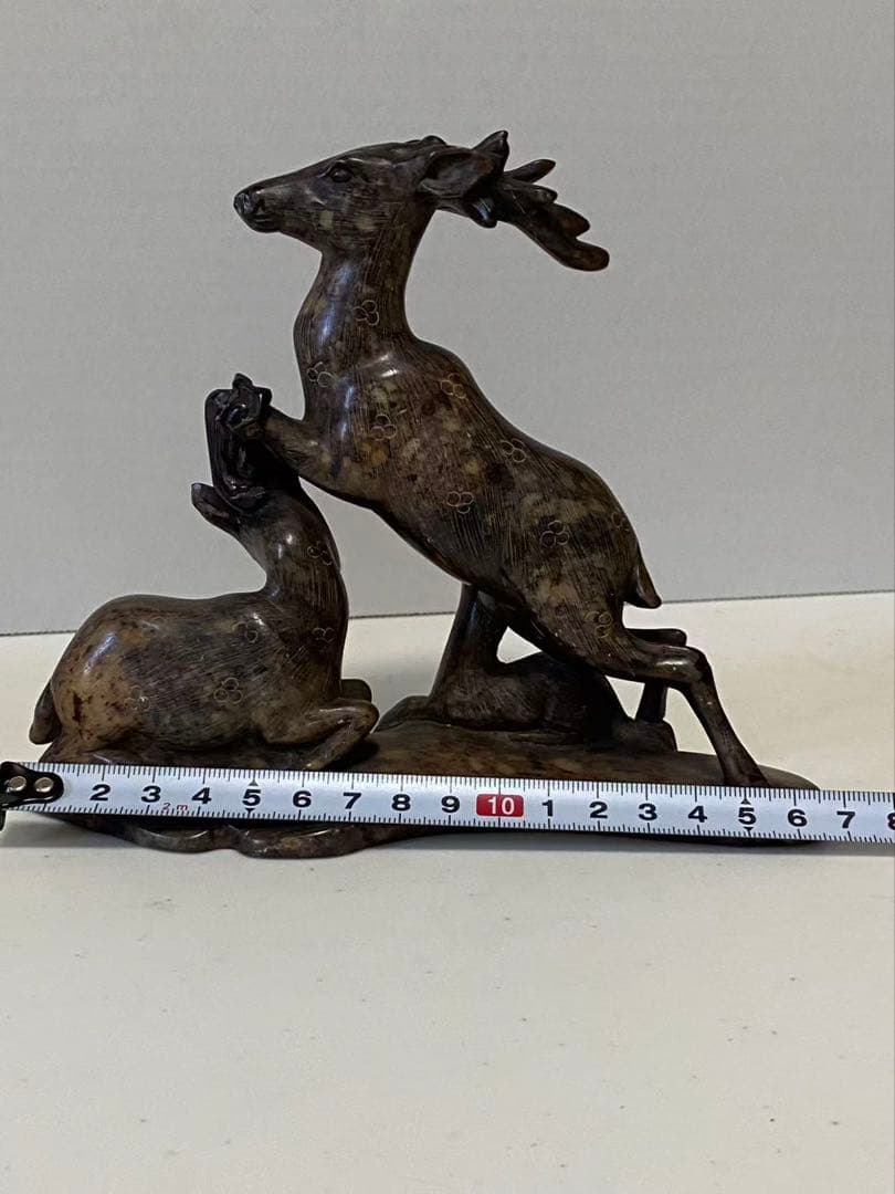 中国美術 希少黄斑石 親子鹿彫刻 置物 年代不明