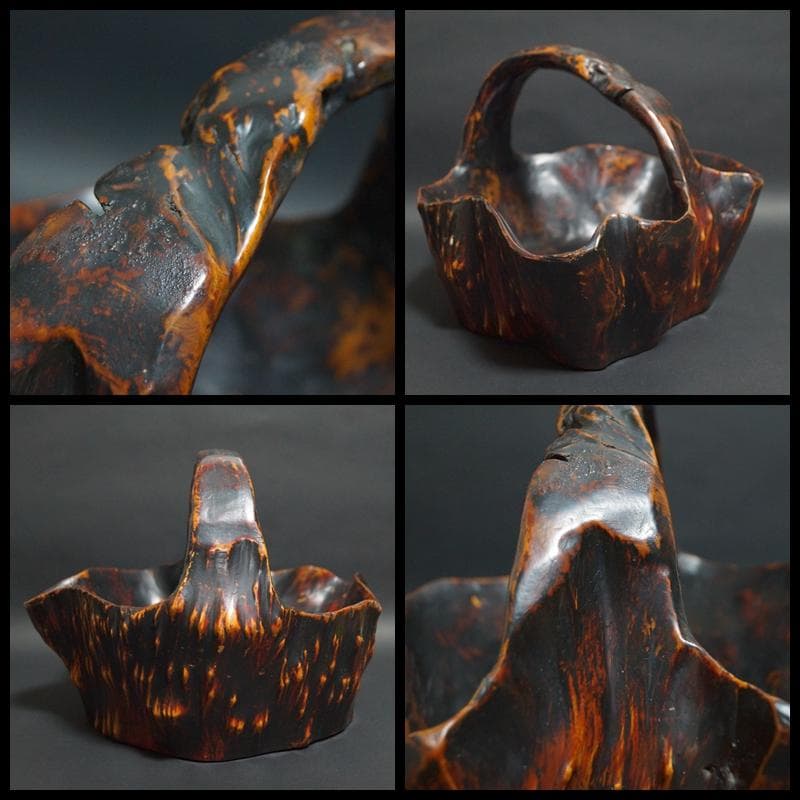 大きな自然木切株 変木 奇形木 くり抜き バスケット籠 カゴ 花籠果物籠オブジェ