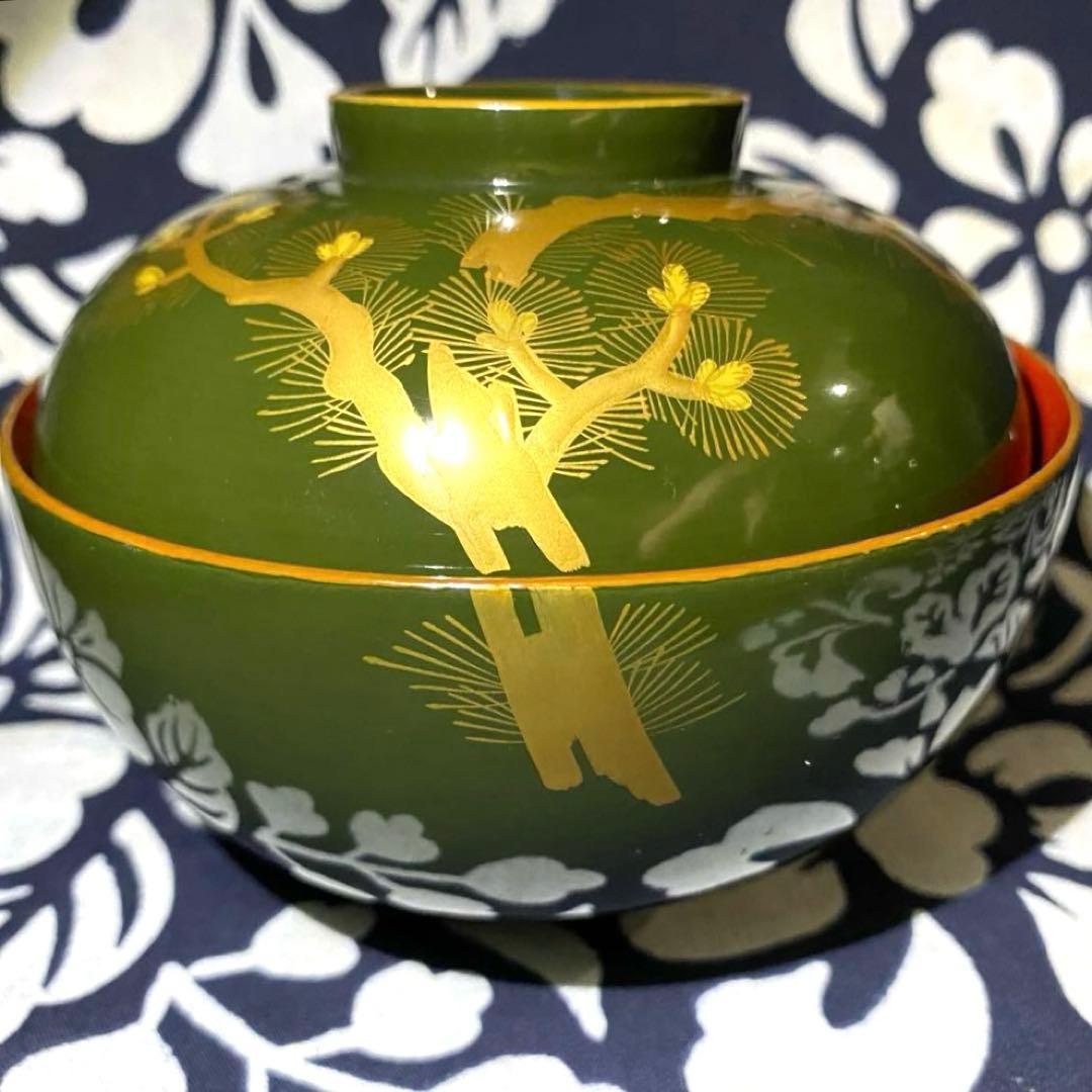 時代物骨董　大正以前　青漆吸物椀　天然木本漆　松柄金蒔絵　緑に内朱　懐石椀　五客