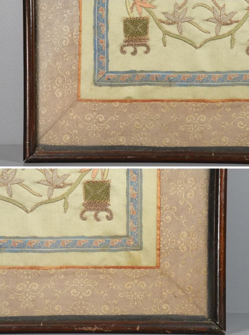 【珍】　★ 額装 博古花蝶図繍片 ★　民国時期　刺繍 博古紋 花蝶紋　民間織繍