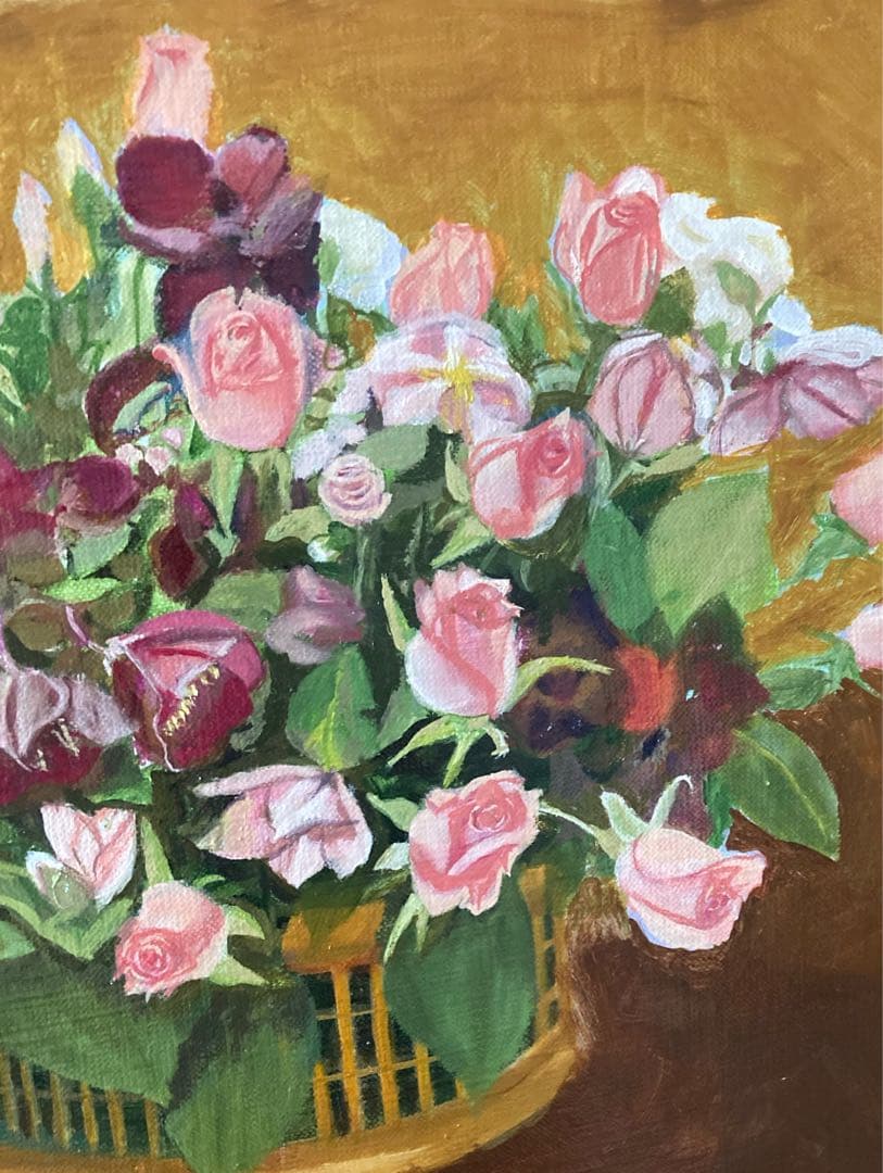 油彩画　「　バラの花籠　」　原画　F6