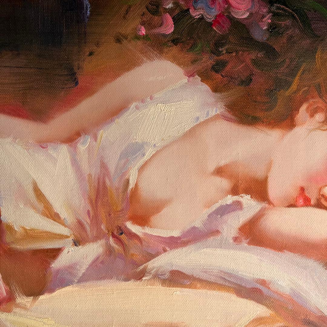 ★秀作★ 手書き油絵 美人画 眠りの中 肉筆絵画 インテリア 油彩画