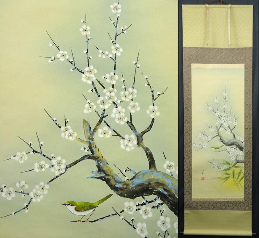 掛軸 八代玲華『白梅図』花鳥図 絹本 肉筆 共箱付 掛け軸 a040916