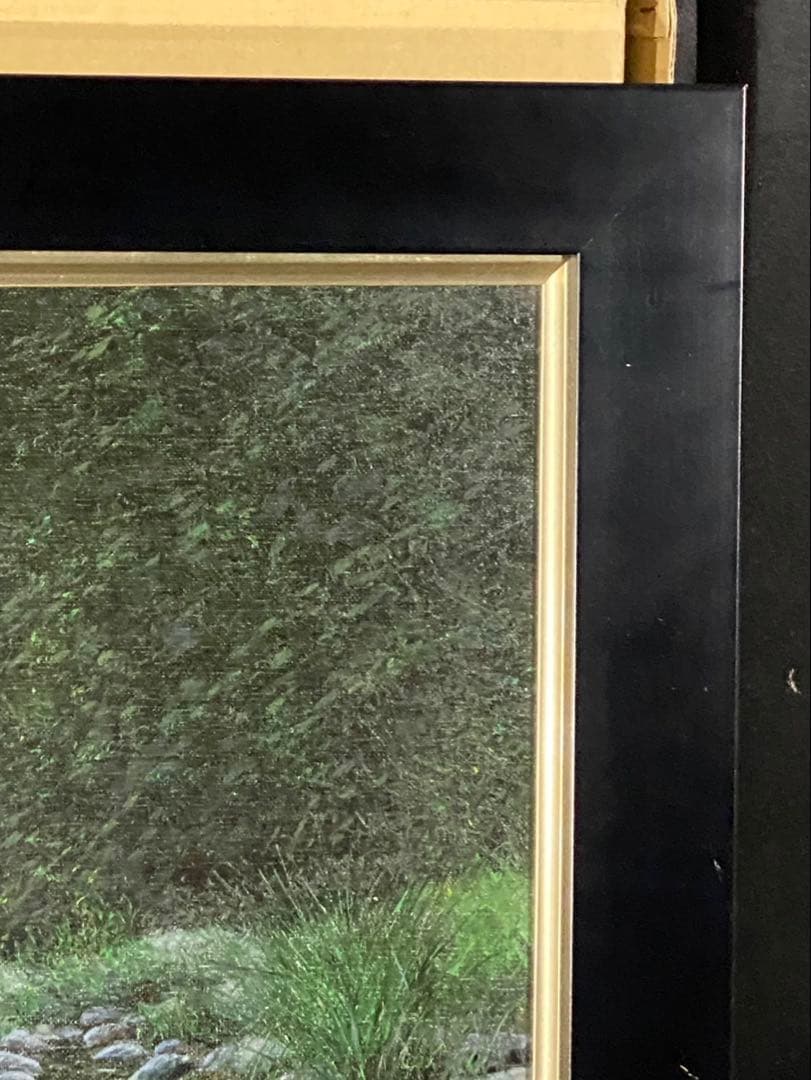 油彩画　板垣文雄　【笛吹川に沿って】　F6号　自然の風景 額縁　額装　山形県