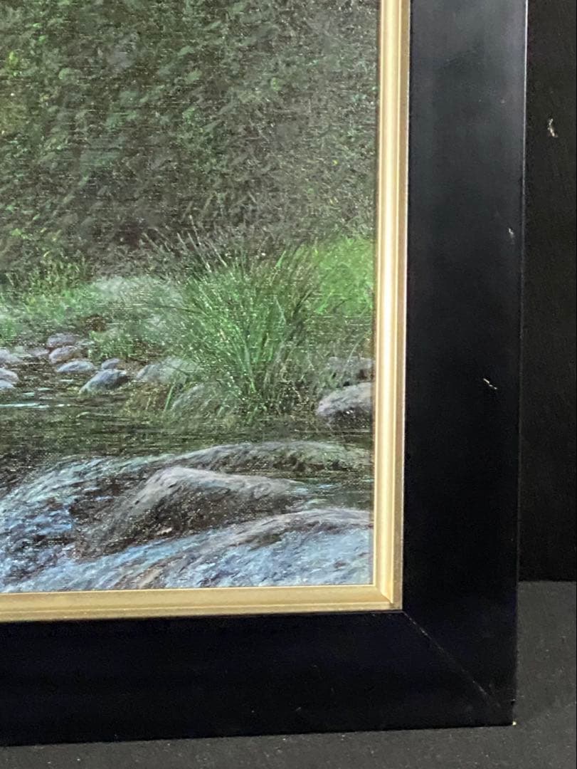 油彩画　板垣文雄　【笛吹川に沿って】　F6号　自然の風景 額縁　額装　山形県