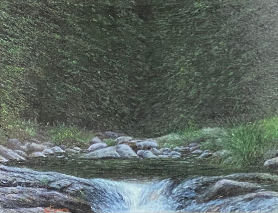 油彩画　板垣文雄　【笛吹川に沿って】　F6号　自然の風景 額縁　額装　山形県