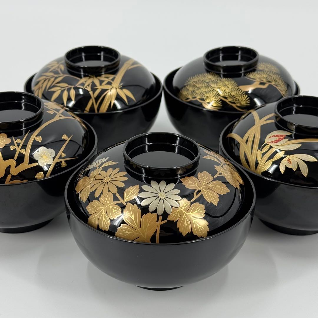 象彦 五清 吸物椀 五客セット 漆器 蒔絵 金彩 木製 高級 松竹梅蘭菊