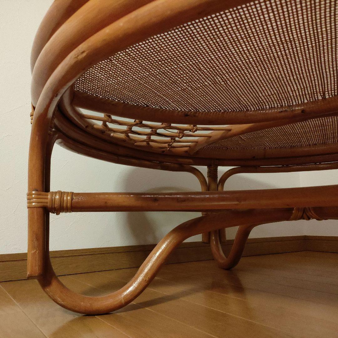 ラタン 藤 ガラス天板 丸テーブル 座卓 レトロ モダン 直径約90cm