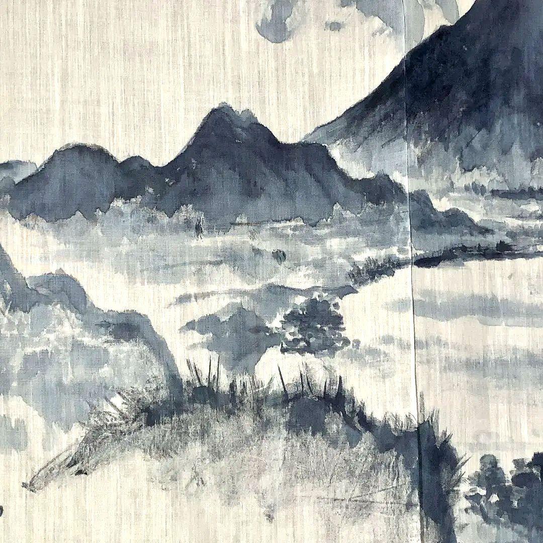暖簾 本麻 藍墨『薩摩富士 開聞岳』水墨画家による肉筆 一点物
