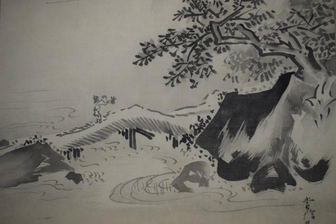 狩野常信/山水楼閣人物図/布袋屋掛軸HJ-199