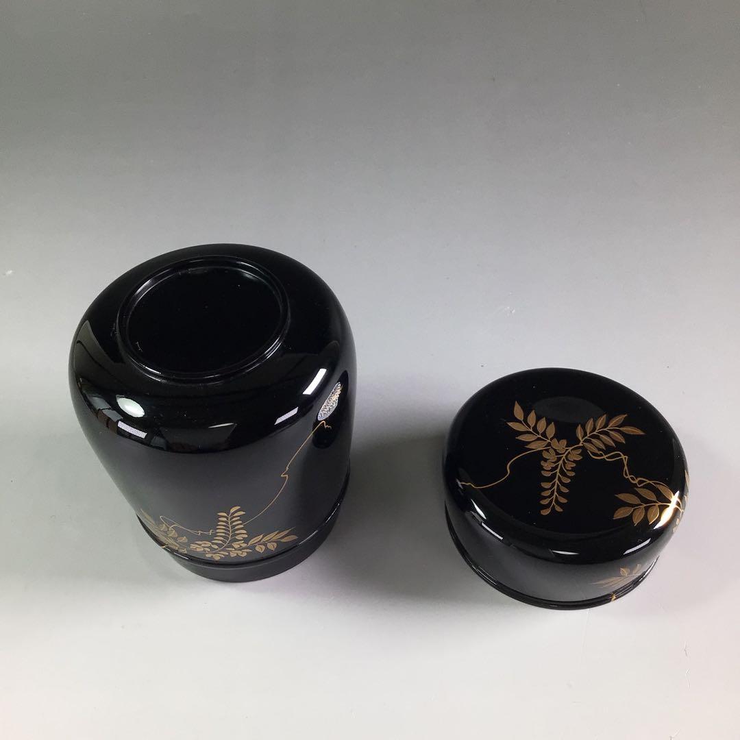 Ｐ８３４　棗　『祥雲作』『黒漆塗』『藤蒔絵』『胴締棗』　共箱　茶道具