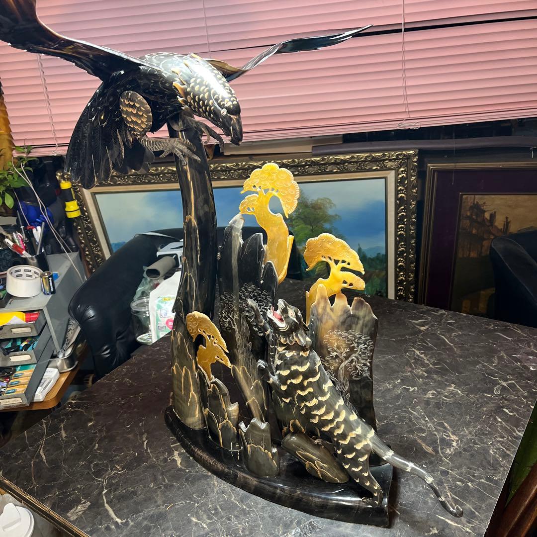 中国芸術、中国彫刻、水牛のツノ彫刻 鷹と虎の水牛のツノ彫刻、中国美術 貴重美術