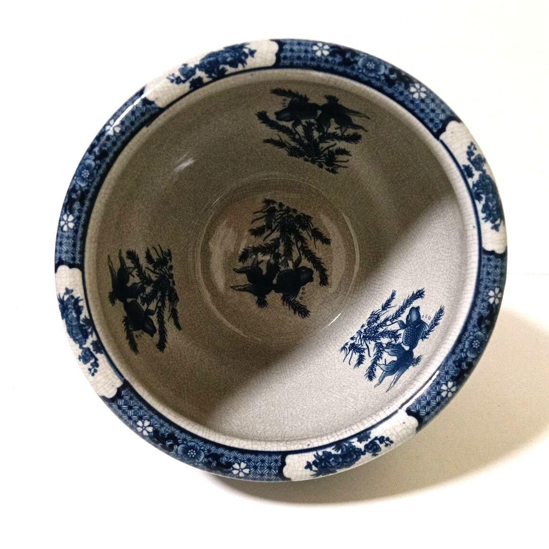 山水楼閣 鷹金魚図 火鉢 睡蓮鉢 金魚鉢 メダカ鉢