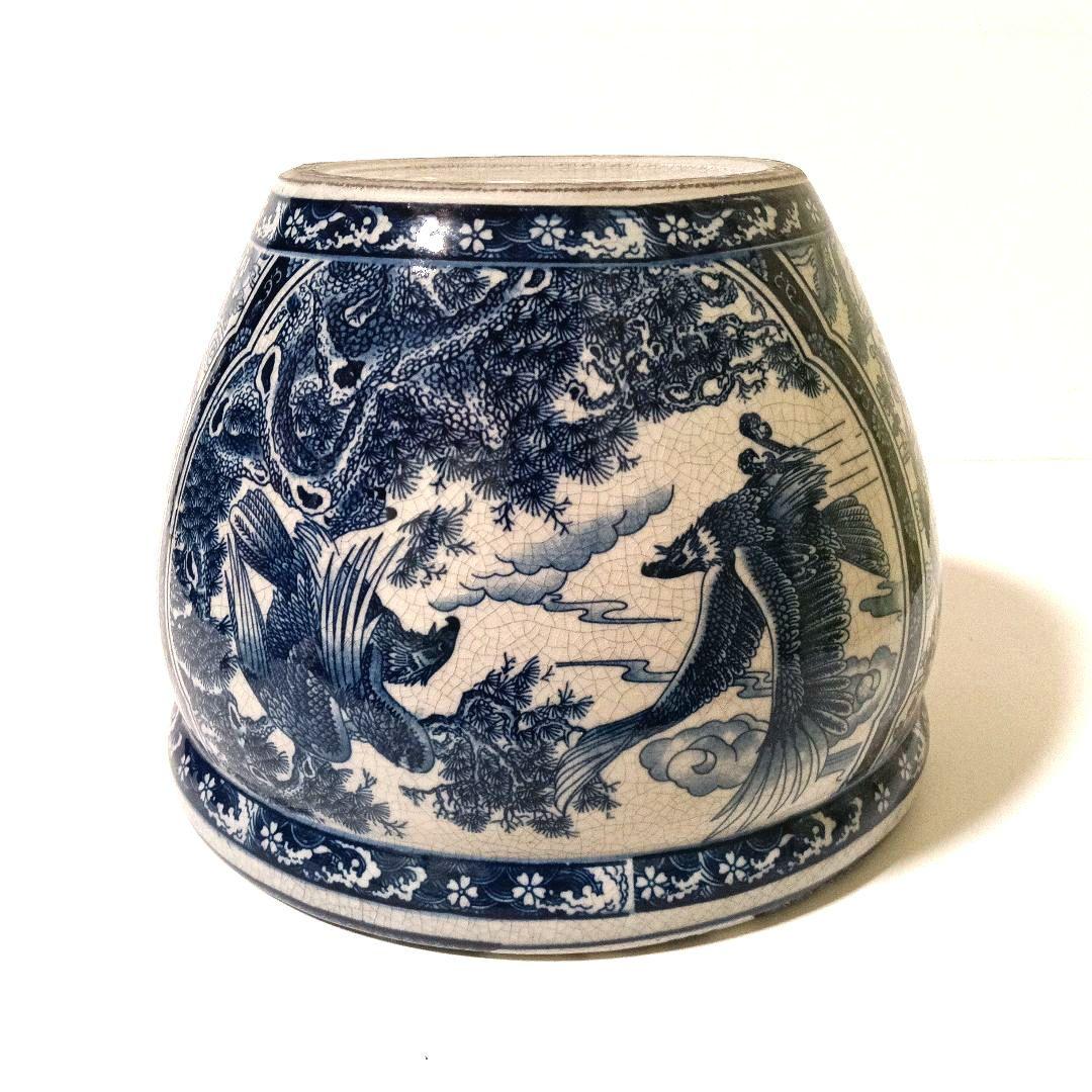 山水楼閣 鷹金魚図 火鉢 睡蓮鉢 金魚鉢 メダカ鉢