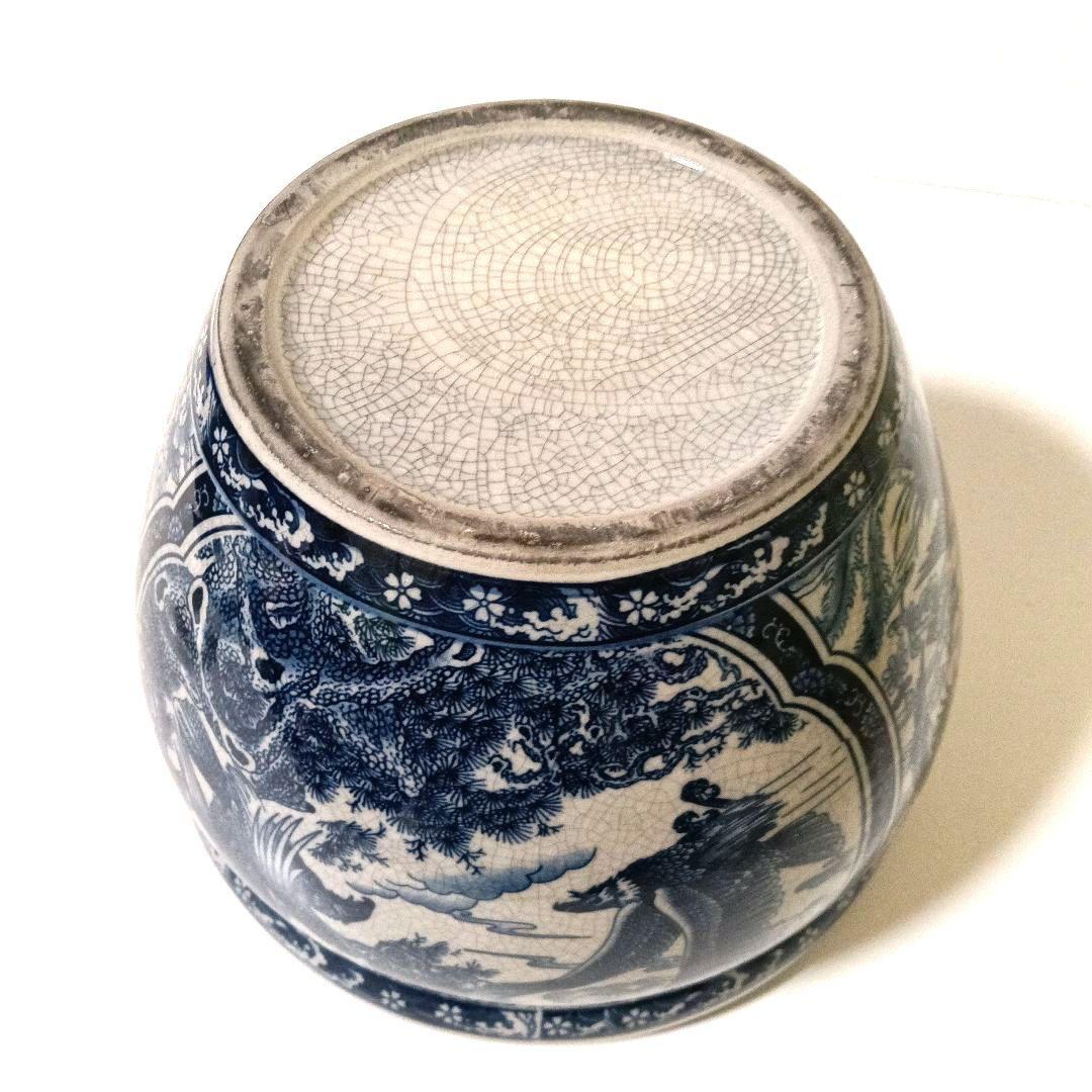 山水楼閣 鷹金魚図 火鉢 睡蓮鉢 金魚鉢 メダカ鉢