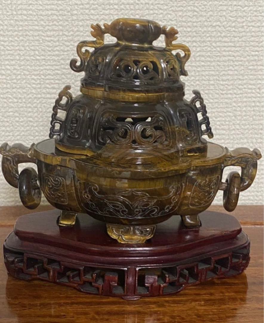 中国古美術  天然琥目石香炉  唐木台  古玩