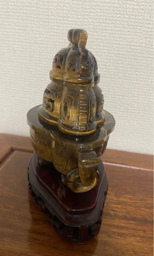 中国古美術  天然琥目石香炉  唐木台  古玩