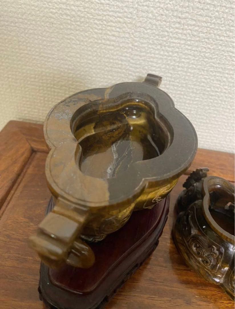 中国古美術  天然琥目石香炉  唐木台  古玩