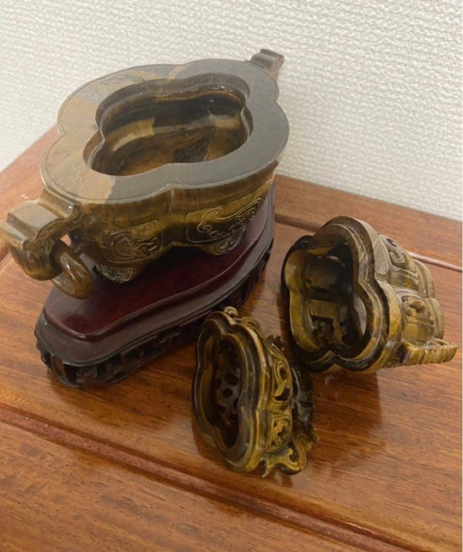 中国古美術  天然琥目石香炉  唐木台  古玩