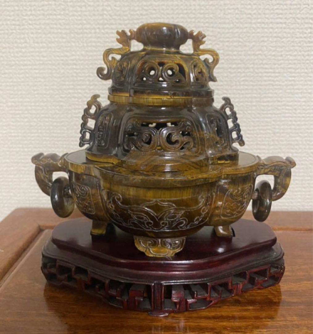 中国古美術  天然琥目石香炉  唐木台  古玩