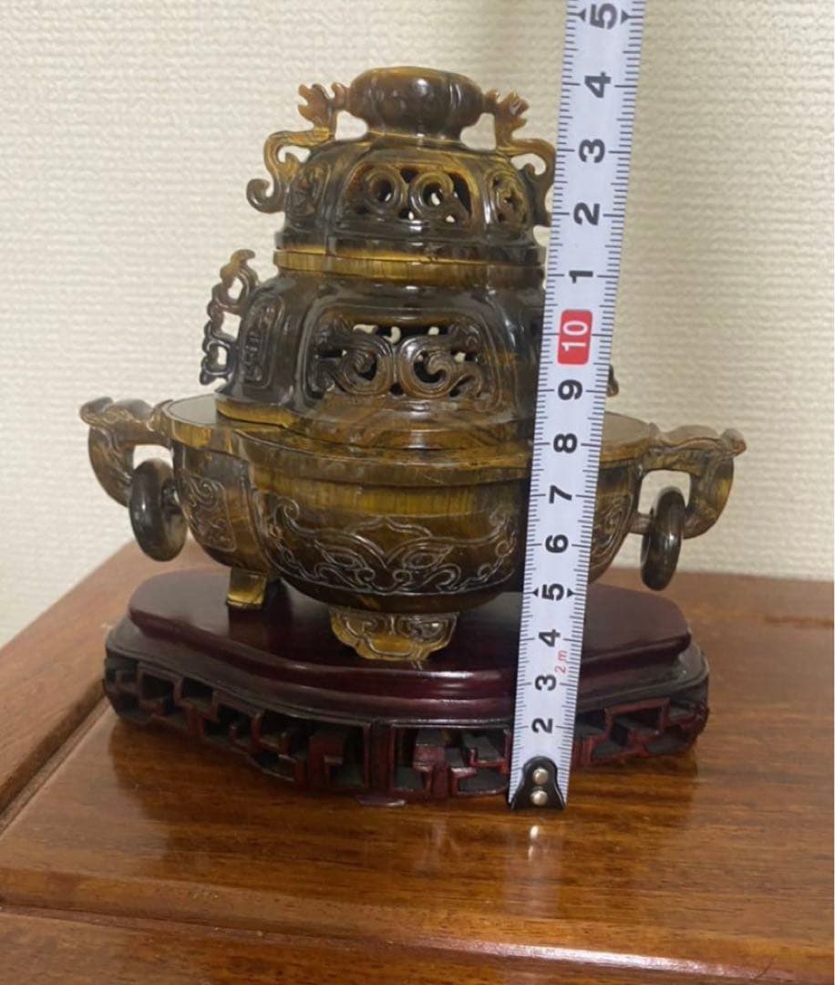 中国古美術  天然琥目石香炉  唐木台  古玩