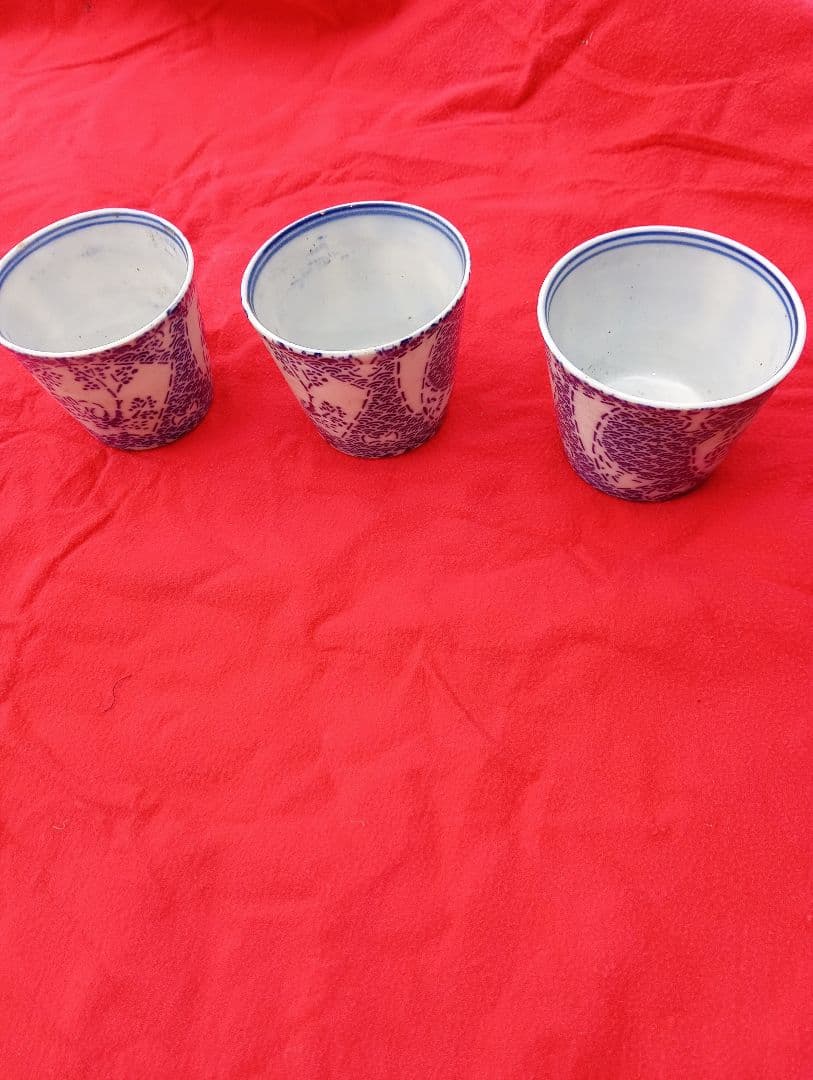 蕎麦猪口 長沼焼　3個　江戸　幕末　明治　印判　型紙刷　染め型紙　兎