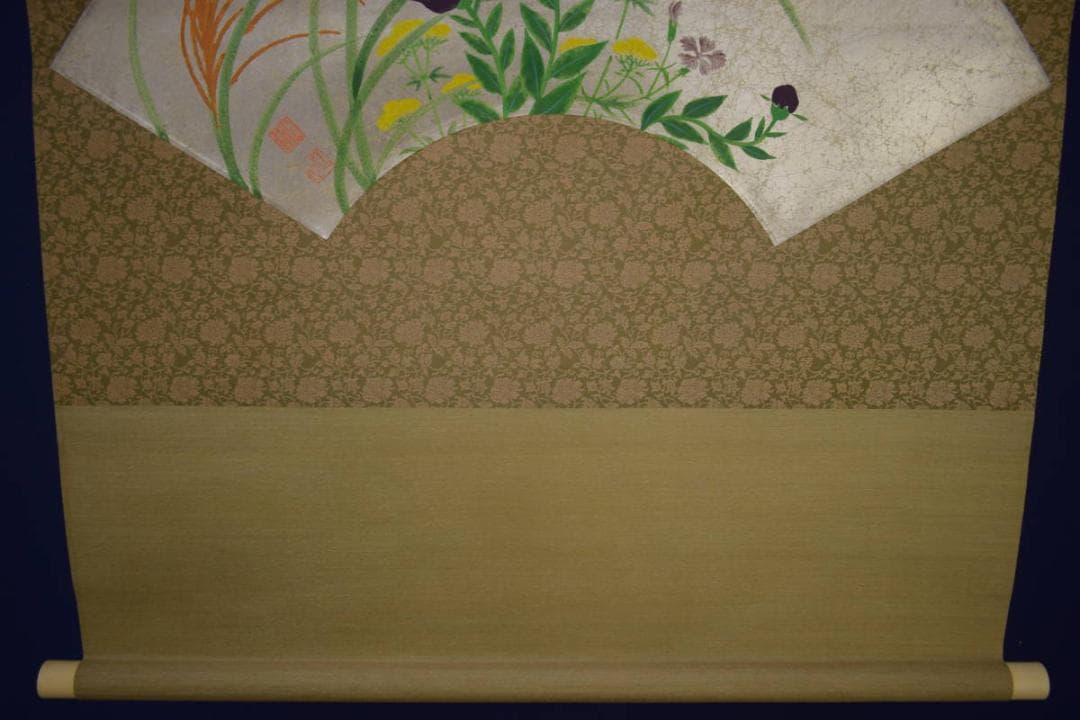 真作/祥二郎/秋草之図/扇面/桐共箱太巻箱付/布袋屋掛軸HI-775