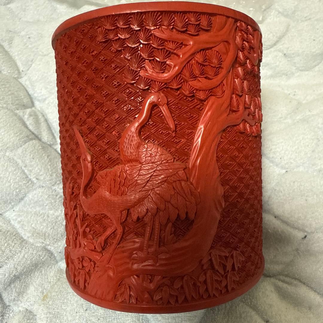 中国美術堆朱彫刻鶴図木製筆立本物保証古唐物／彫漆／堆朱／花紋／煎茶道具／書道具