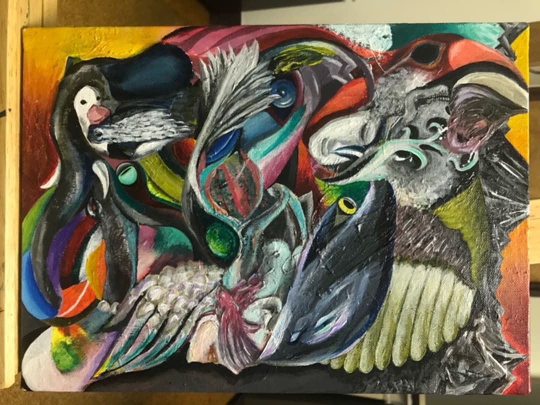 動物多数　トリックアート　上下左右（アクリル絵の具）送料無料