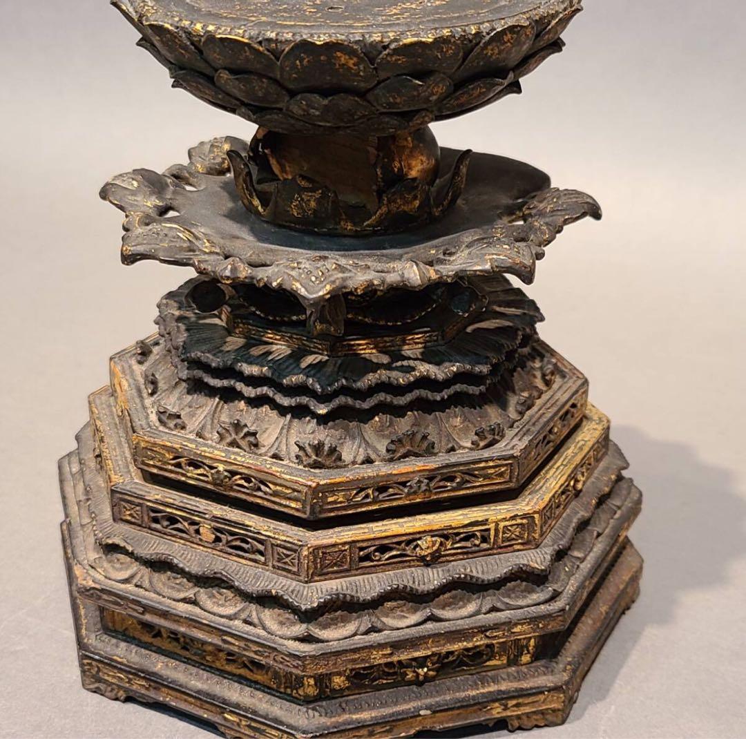 コレクション品 木彫金彩色 蓮台 仏教美術 仏像台座 時代物 骨董 一点物 彫刻