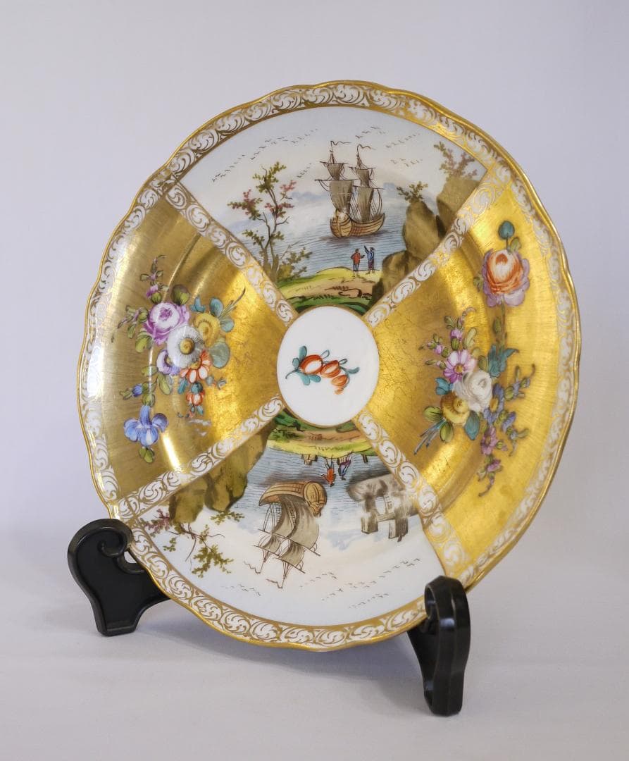 [アンティーク] 港湾風景と花が描かれた絵皿