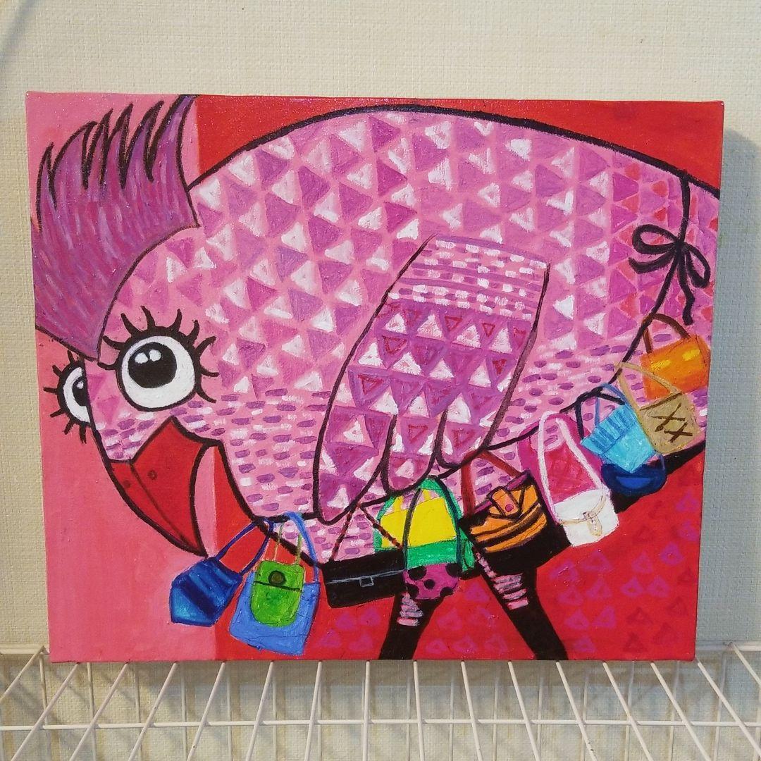 油絵　専用　バッグをたくさん持つ鳥
