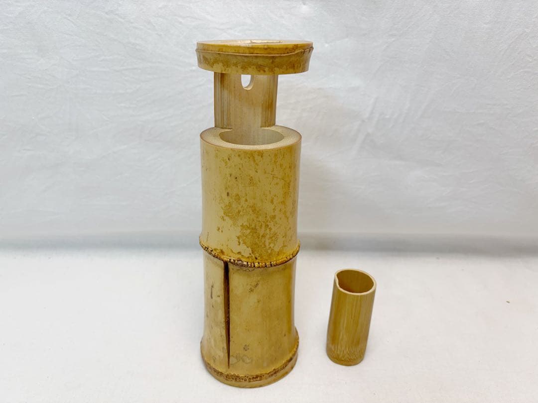 未使用 華道具 淳芳菴老竹芳作 銘 「福寿 」竹一重切花入 掛置兼用竹おとし共箱