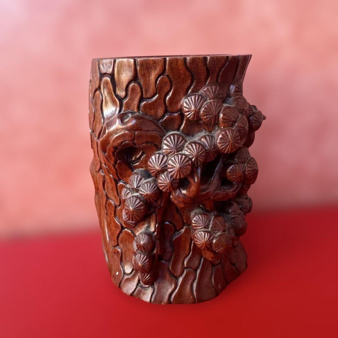 職人手作り製作 筆立て リグナムバイタ 紅木 松 鶴 ツル